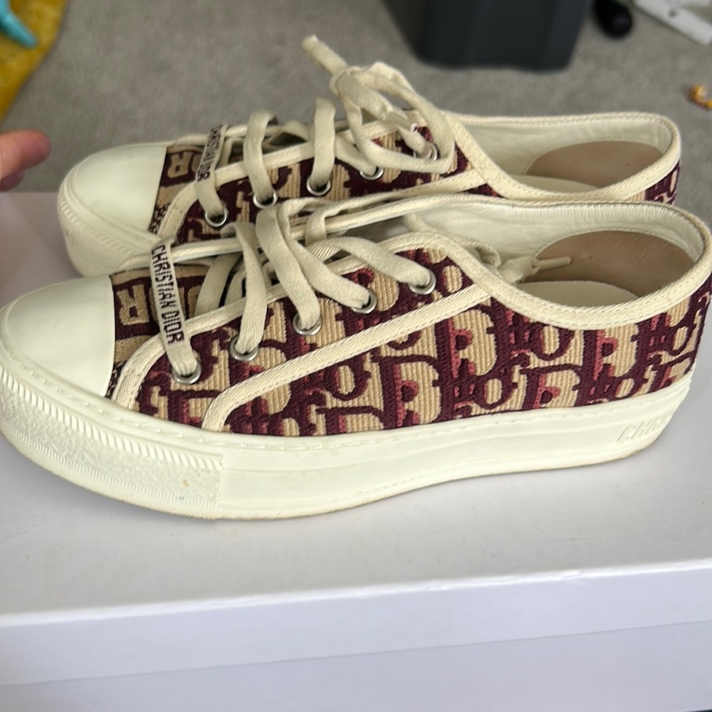Dior Beige and Burgundy Oblique Canvas Low-Top Sneakers